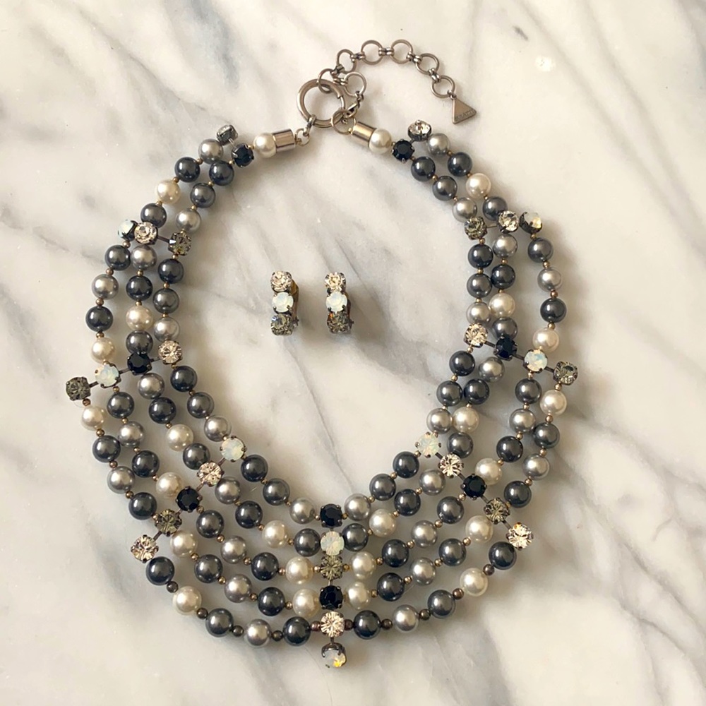 Bulatti 5 Row Pearl-Stones Necklace & Earrings